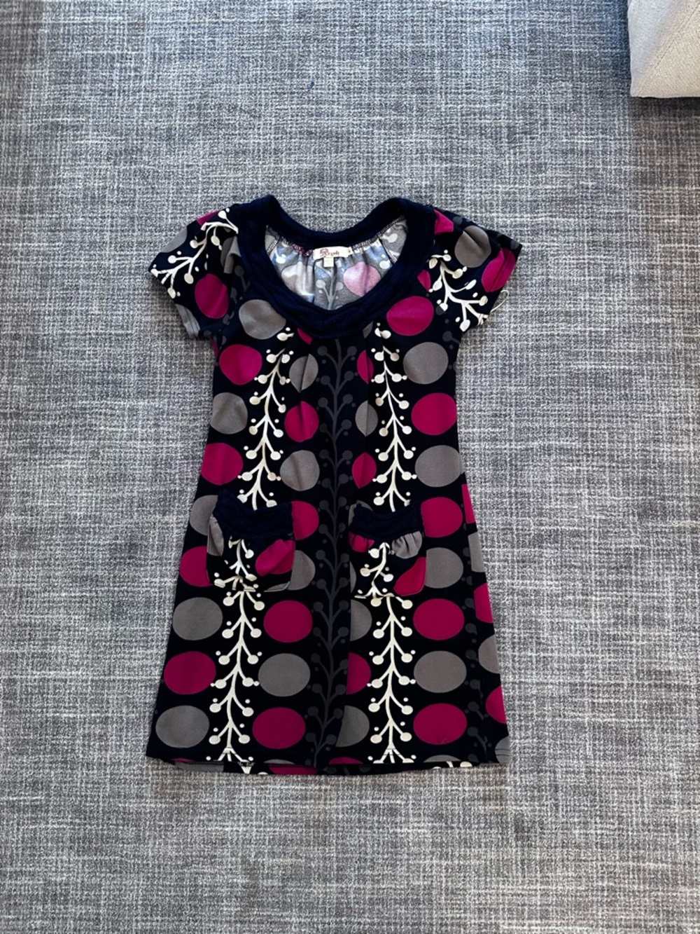 Aryeh Navy Dress with Pink and Gray Dot Vine Print